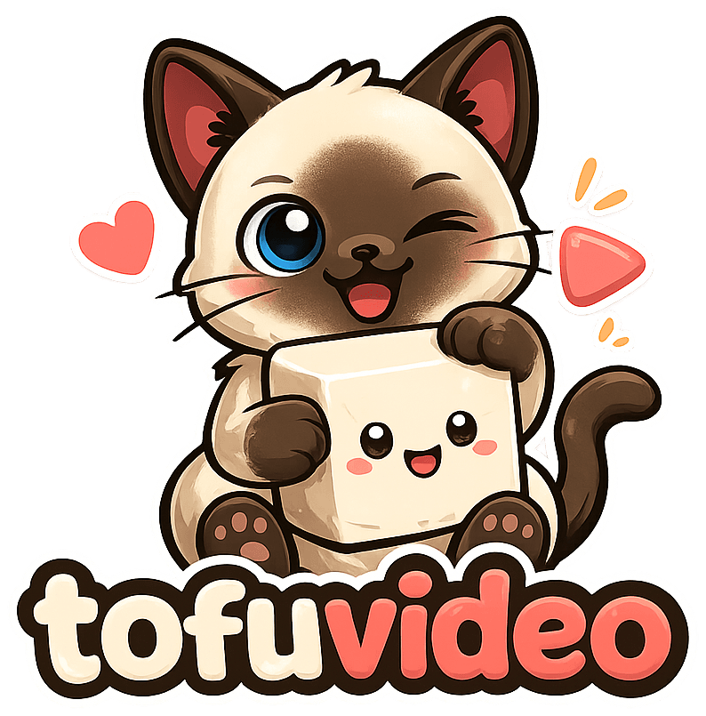 tofuvideo mascot — a Siamese cat hugging a tofu block