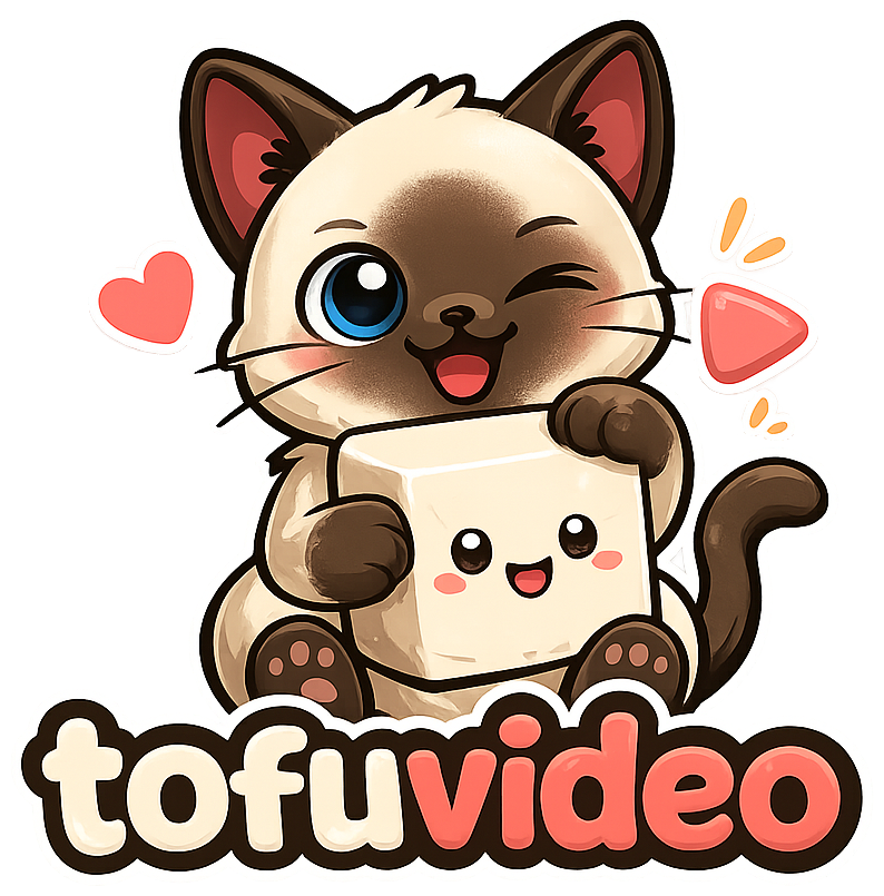 tofuvideo mascot — a Siamese cat hugging a tofu block